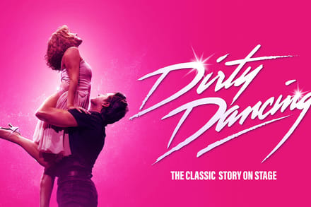 Dirty Dancing official pink artwork with Baby and Johnny performing a lift