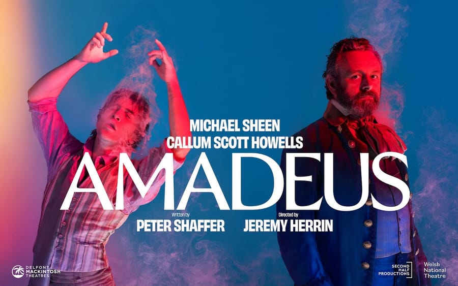 Amadeus artwork featuring Michael Sheen as Salieri and Callum Scott Howells as Mozart