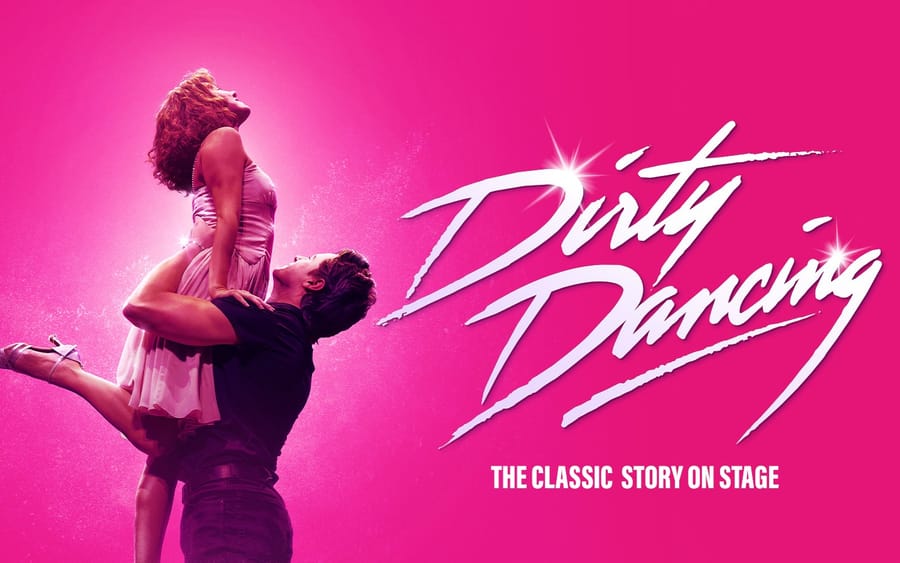 Dirty Dancing official pink artwork with Baby and Johnny performing a lift