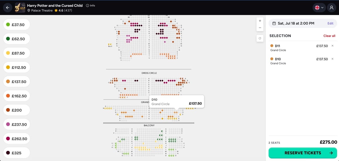 tickadoo seat map for Harry Potter and the Cursed Child at the Palace Theatre, showing price bands from 37.50 to 325 pounds across the Stalls, Dress Circle, Grand Circle and Balcony