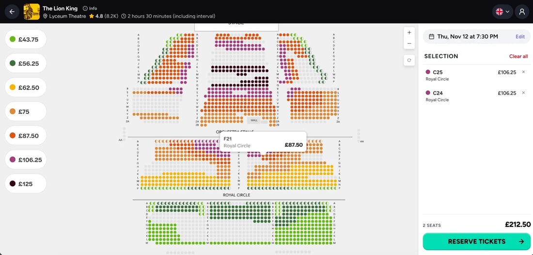 tickadoo seat map for The Lion King at the Lyceum Theatre, showing price bands from 43.75 to 125 pounds across the Orchestra Stalls, Royal Circle and Grand Circle