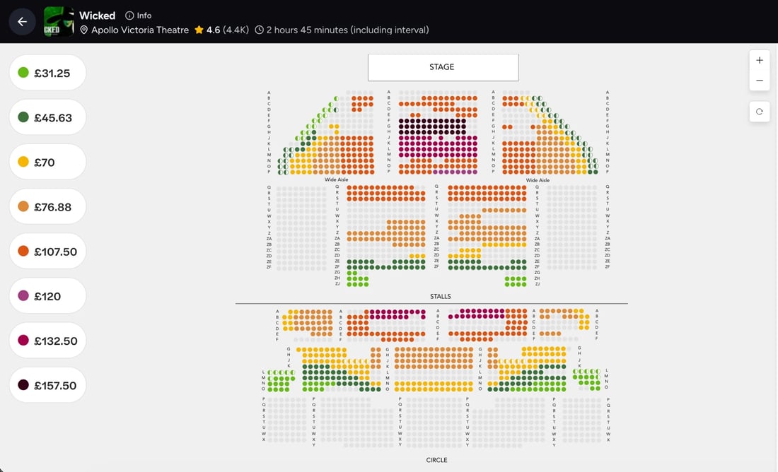 A West End theatre seat map showing how price bands fan out from the premium centre to the value seats at the sides and rear
