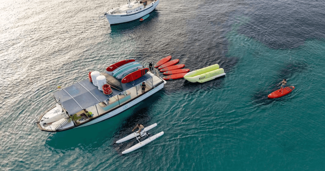 Aerial view of a boat anchored off Cala Comte, Ibiza