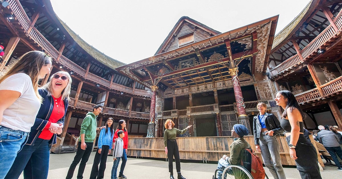 Inside Shakespeare's Globe theatre in London, the open-air timber playhouse