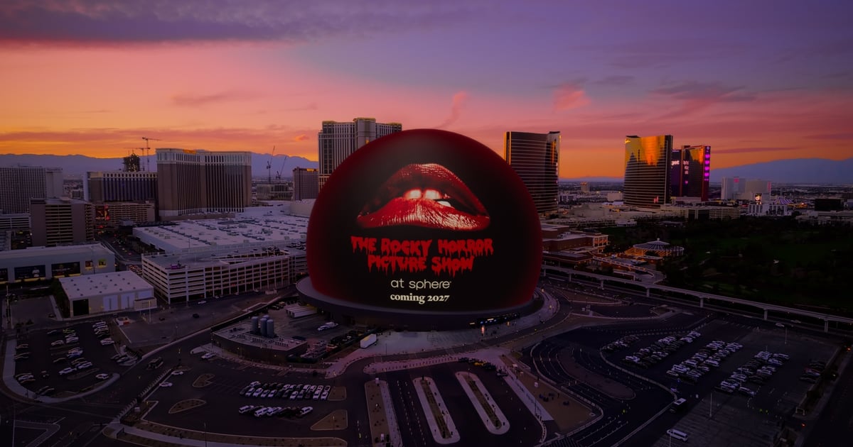 The Sphere in Las Vegas lit up with the Rocky Horror Picture Show lips logo and the words coming 2027