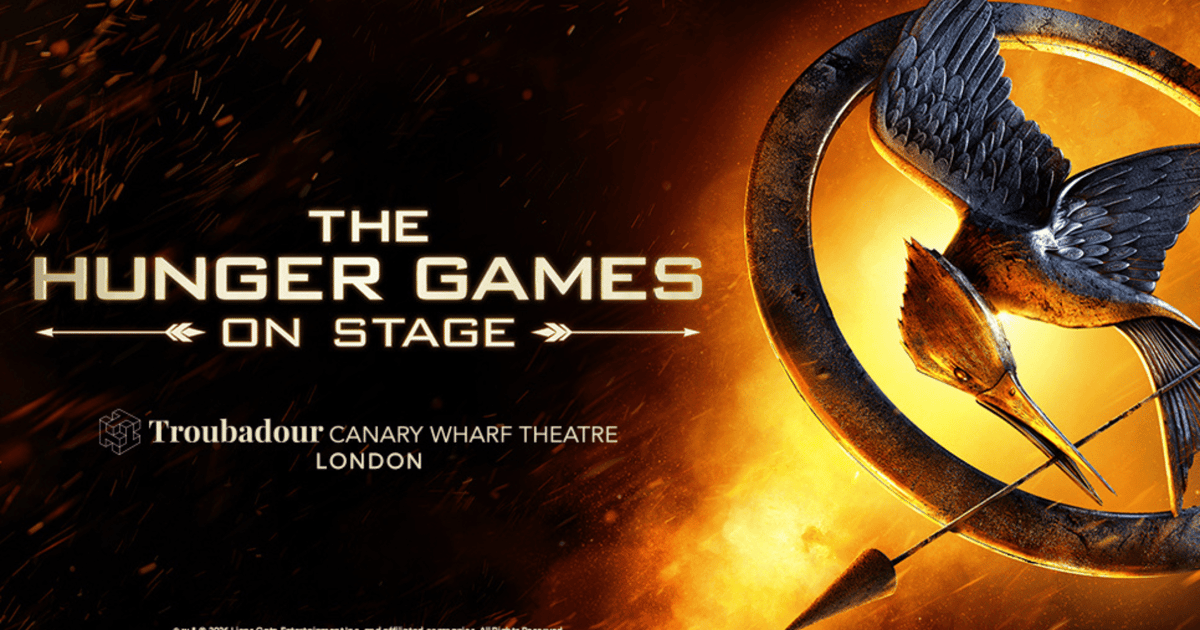 The Hunger Games On Stage key art with the mockingjay emblem, Troubadour Canary Wharf Theatre London