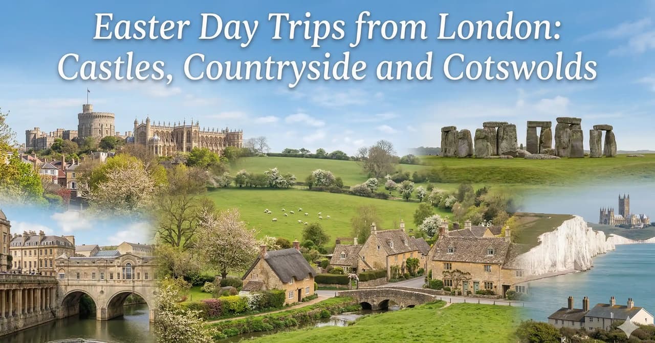 Day trips from London for Easter 2026. Windsor Castle, Stonehenge, Bath, the Cotswolds, Canterbury and Hampton Court with prices and tips.
