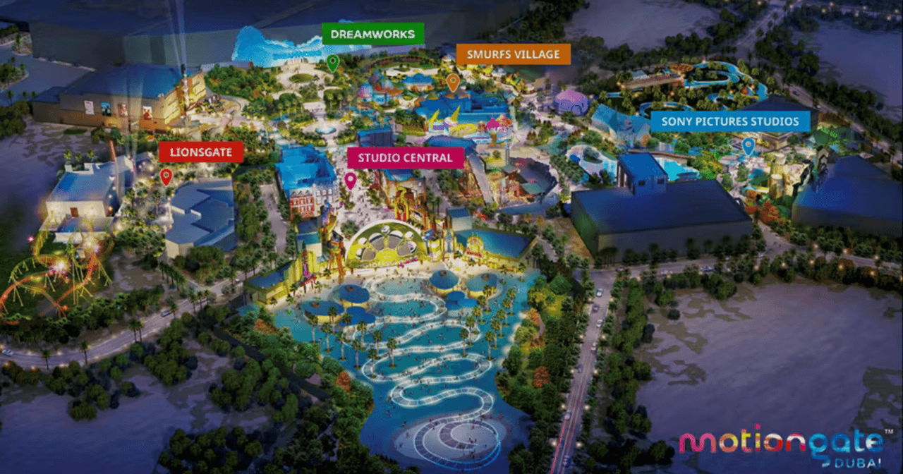 從空中俯瞰迪拜Motiongate主題樂園,展示Dreamworks、獅門影業和Studio Central區域