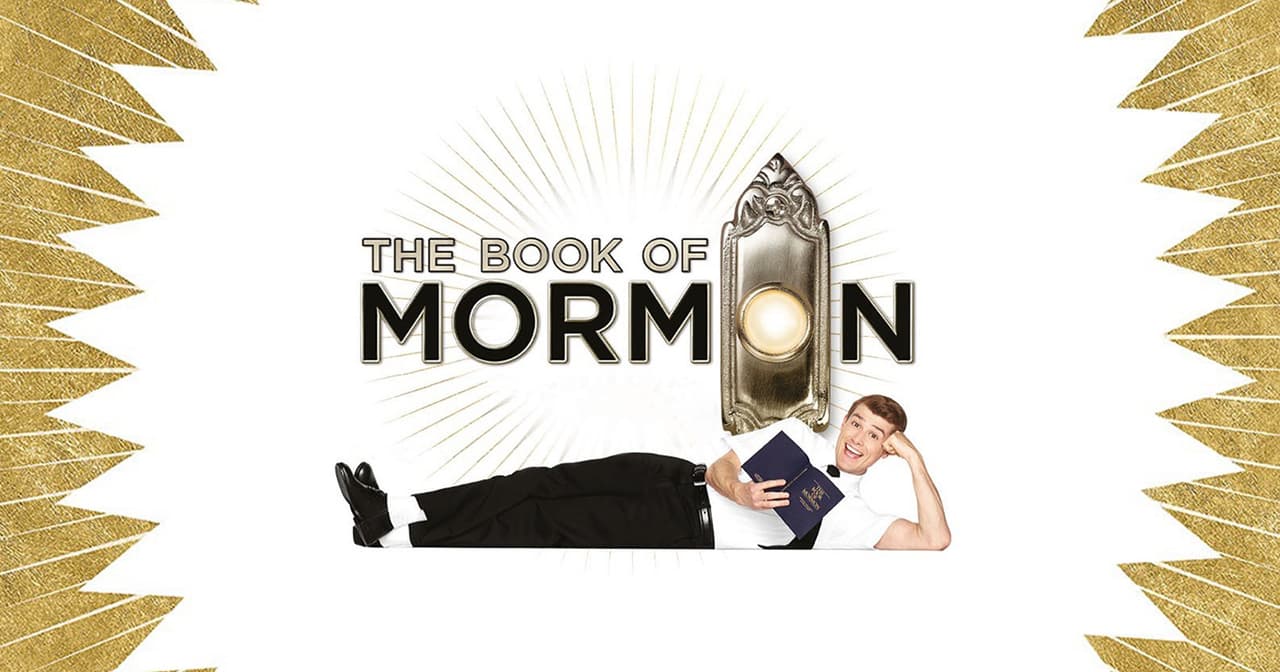 The Book of Mormon logo with a smiling man holding a book.