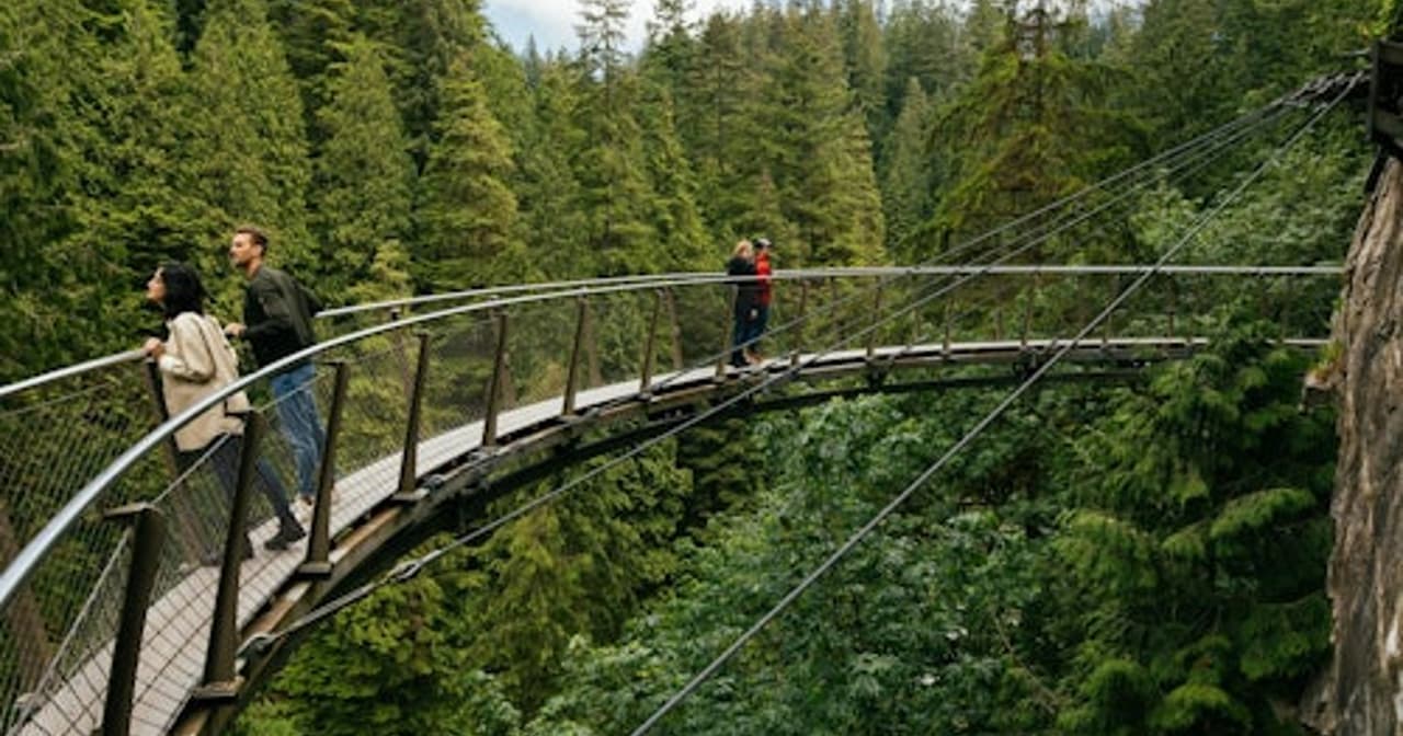 Visitors walking the Capilano cliffside suspension walkway through tall evergreen forest in Vancouver