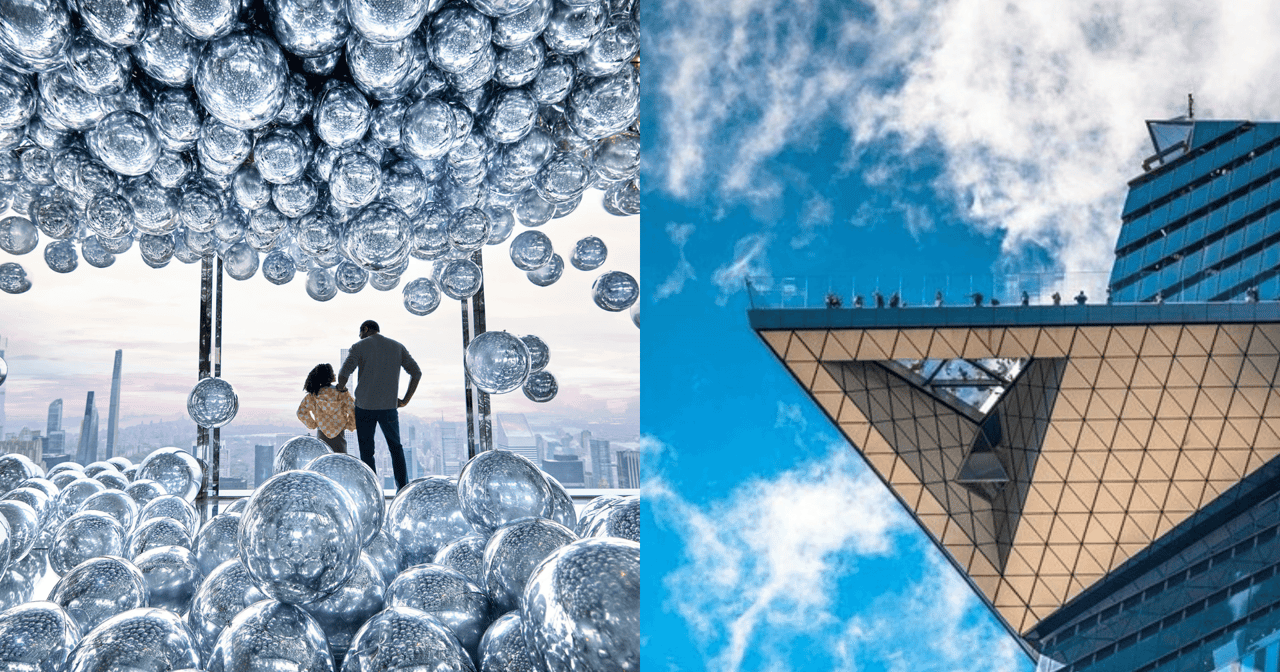 Summit One Vanderbilt mirrored sphere room and a glass observation deck against NYC sky