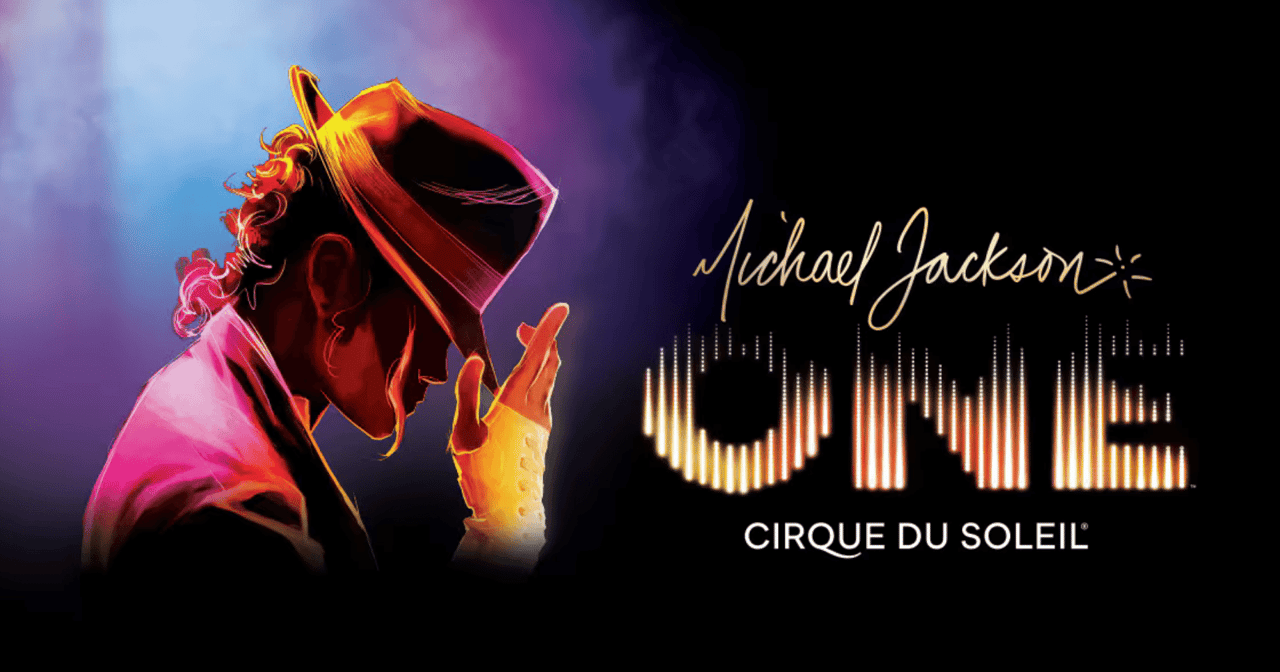 Michael Jackson ONE by Cirque du Soleil key art, glowing silhouette in fedora pose, Las Vegas