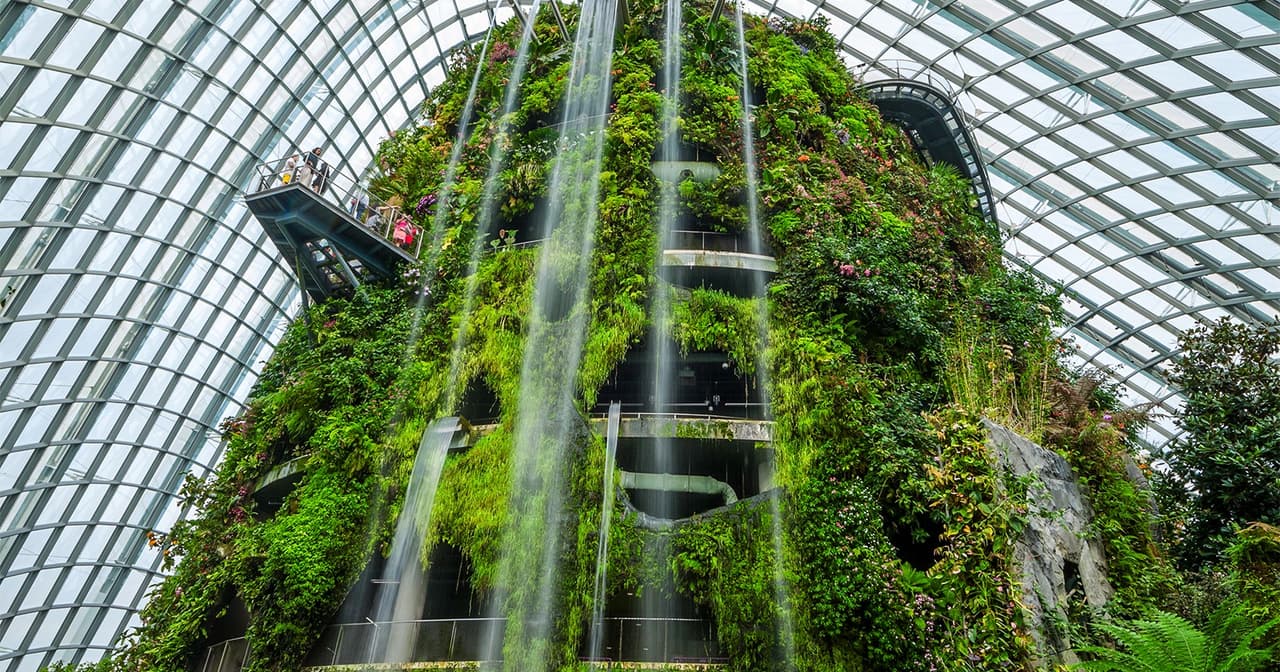 Indoor waterfall and lush green walls inside Singapore's Cloud Forest dome at Gardens by the Bay