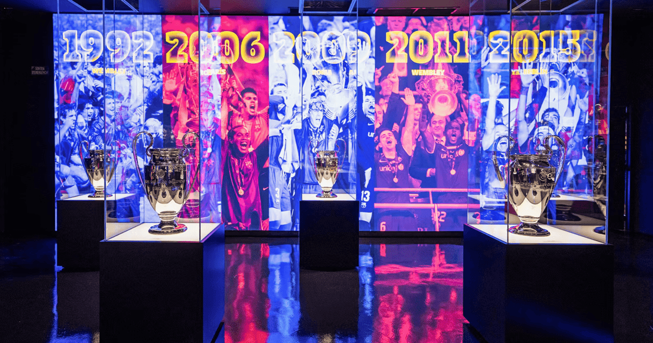 Champions League trophies and backlit history wall at the FC Barcelona Museum