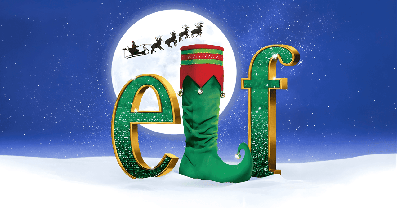 Elf the Musical logo with green glitter letters and an elf boot against a snowy moonlit night sky