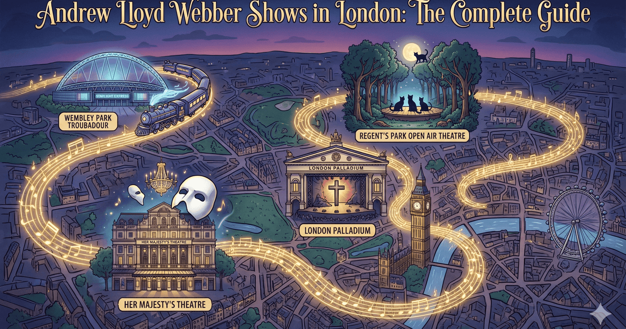 Illustrated map of London theatres on an Andrew Lloyd Webber musical trail with golden note path