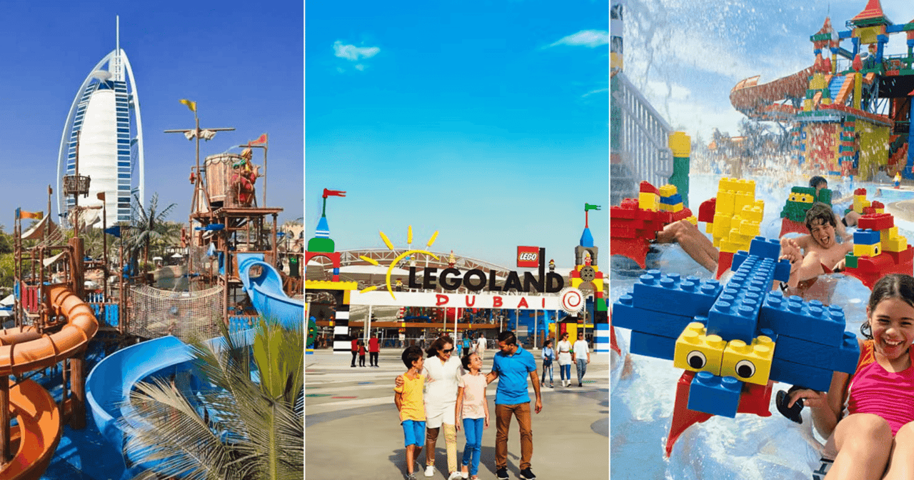 Triptych of Dubai theme parks: a water park by the Burj Al Arab, Legoland Dubai entrance and Legoland Water Park