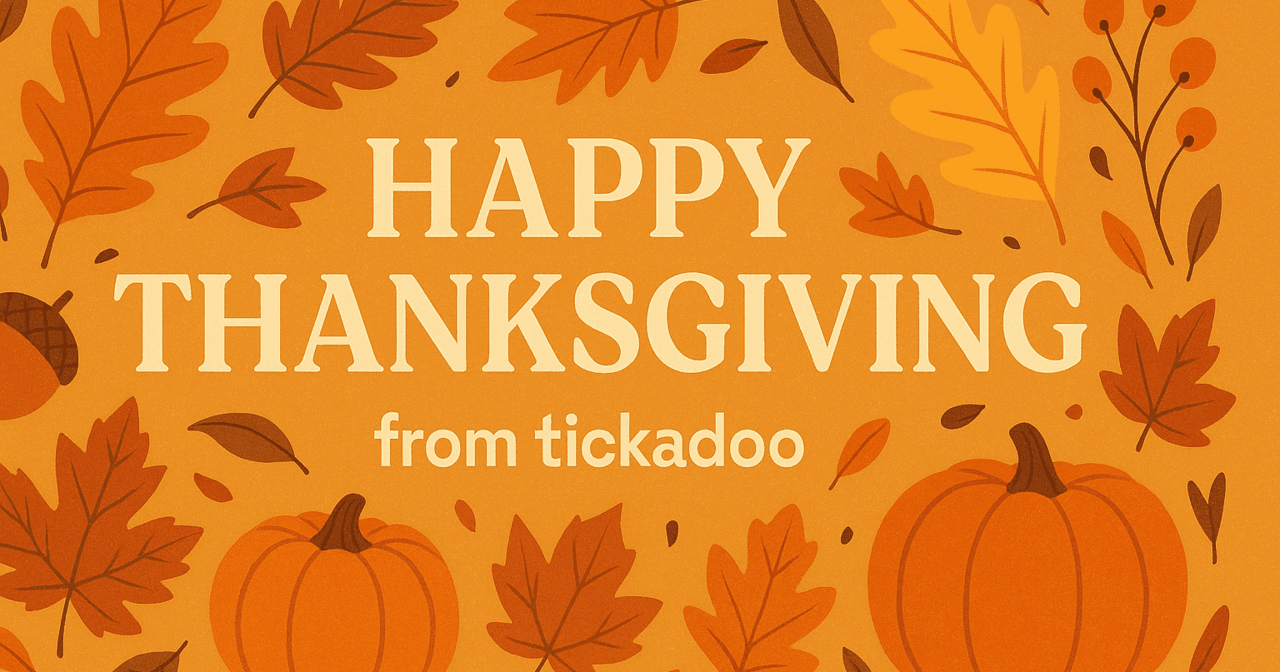 Illustrated Happy Thanksgiving card from tickadoo with autumn leaves, acorns and orange pumpkins