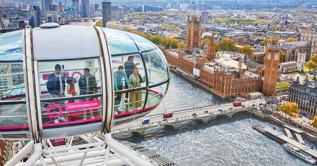 The London Eye on the South Bank with capsules silhouetted against a London skyline at golden hour