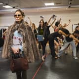 Teri Hatcher in sunglasses and a fur coat in rehearsal with The Devil Wears Prada company