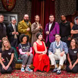 The cast of The Play That Goes Wrong on the country-house set at New World Stages
