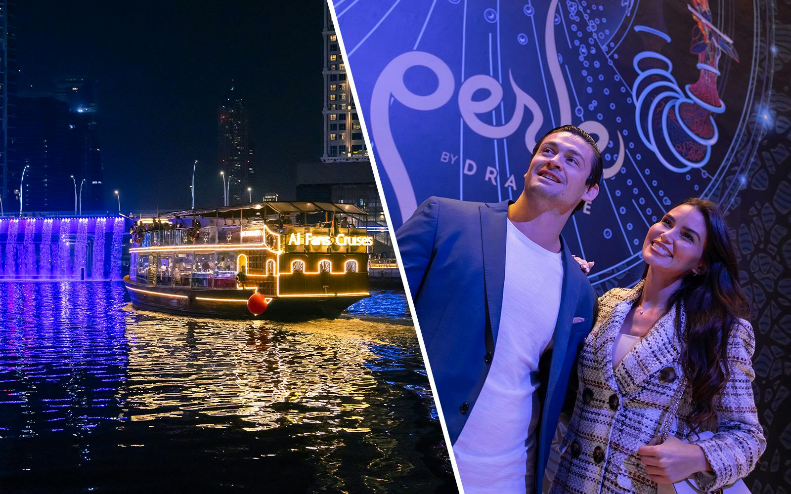 Dine & Dazzle Evening Package: Dubai Canal Dinner Cruise with Unlimited Drinks + La Perle Show tickets, دبی