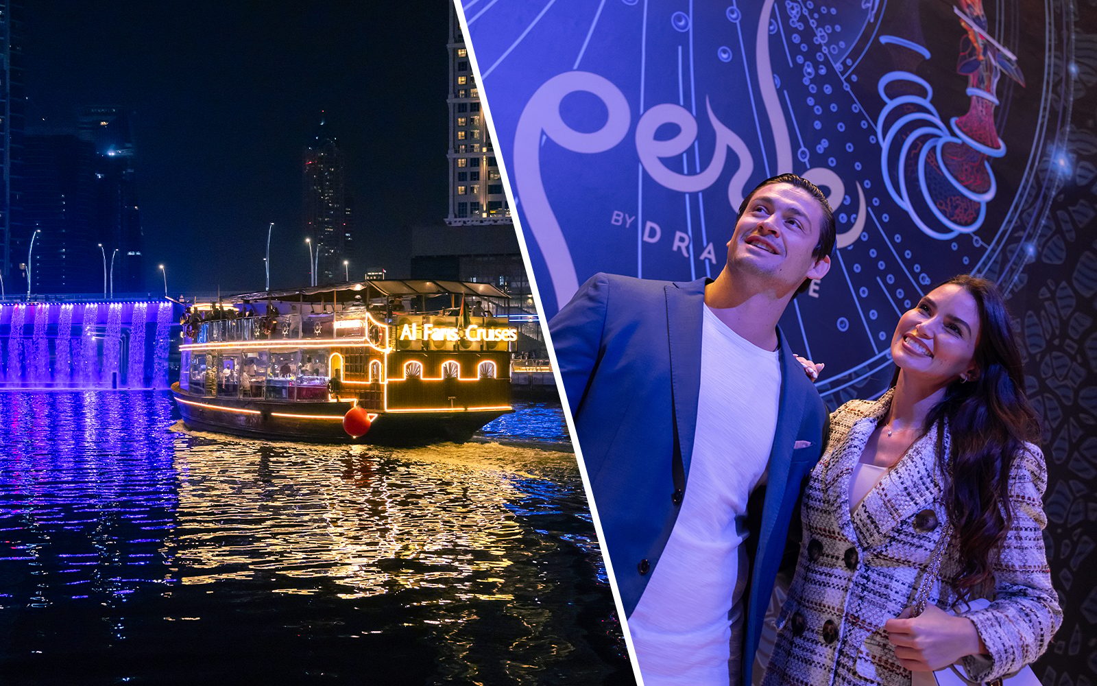 Dine & Dazzle Evening Package: Dubai Canal Dinner Cruise with Unlimited Drinks + La Perle Show