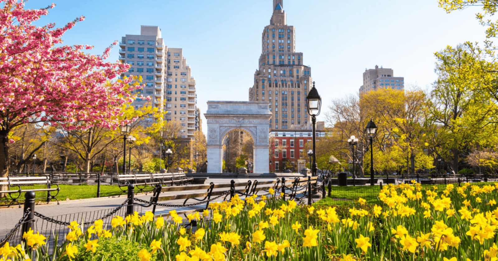New York City with trees and flowers blooming in the Spring.