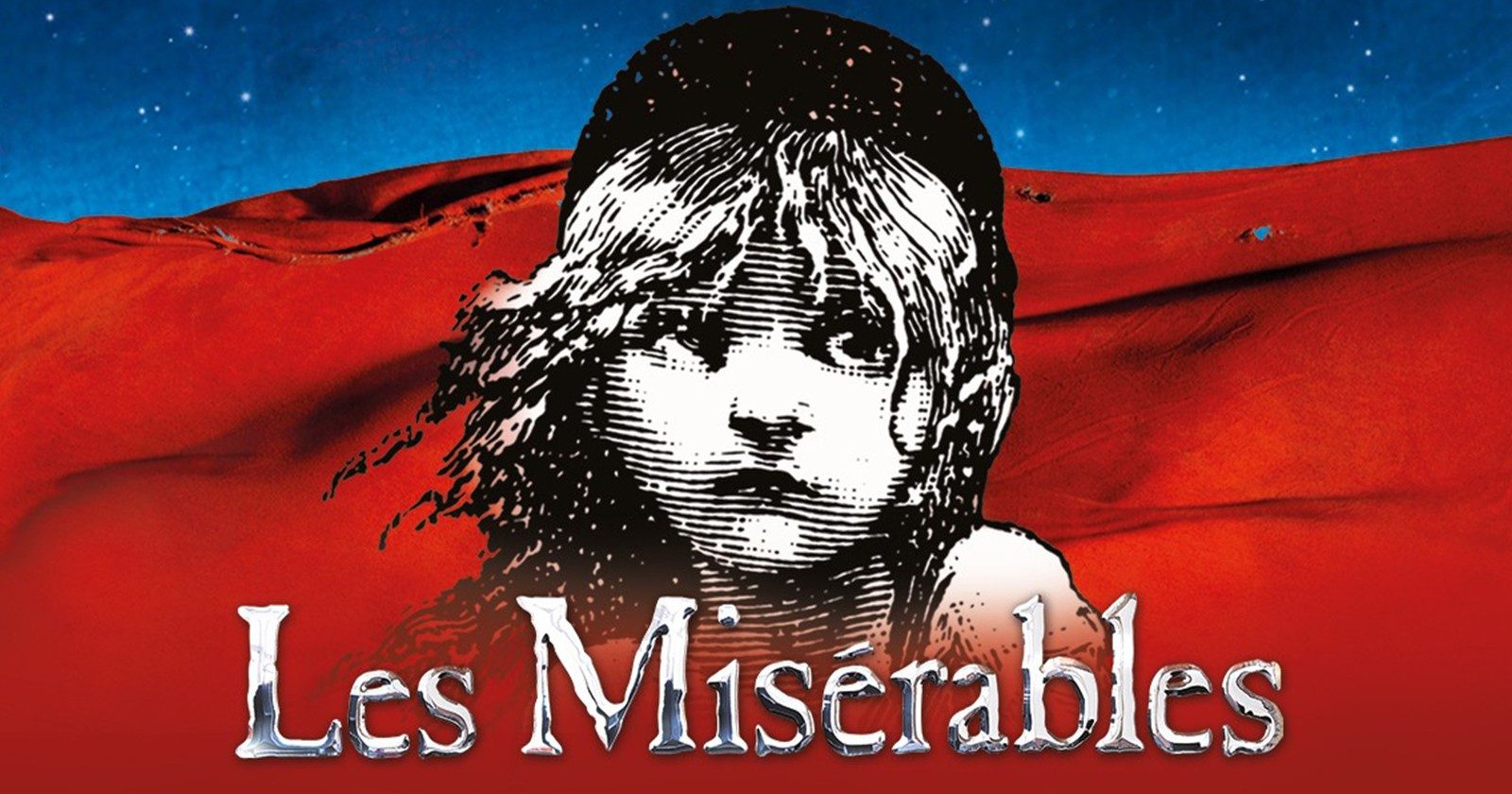 Les Miserables logo with a young girl's face against a red and blue background.