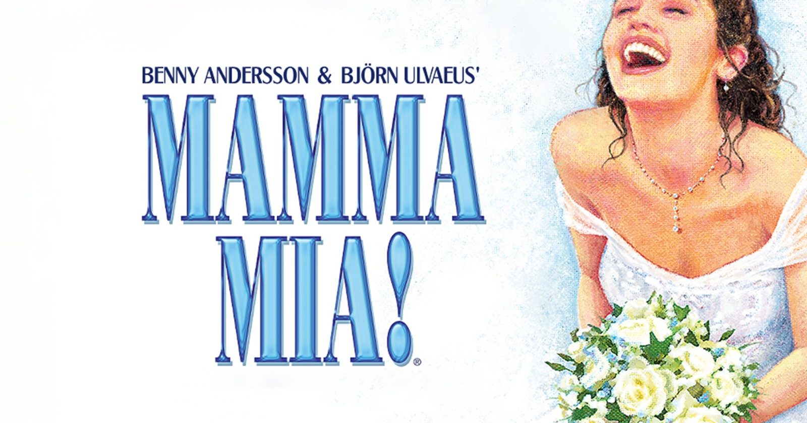 Mamma Mia! musical poster with a joyful bride holding a bouquet.