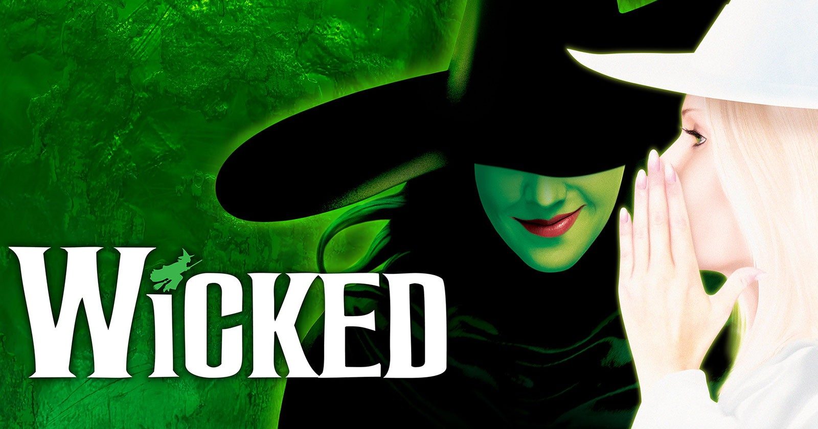 Wicked musical poster with green witch and whispering figure.