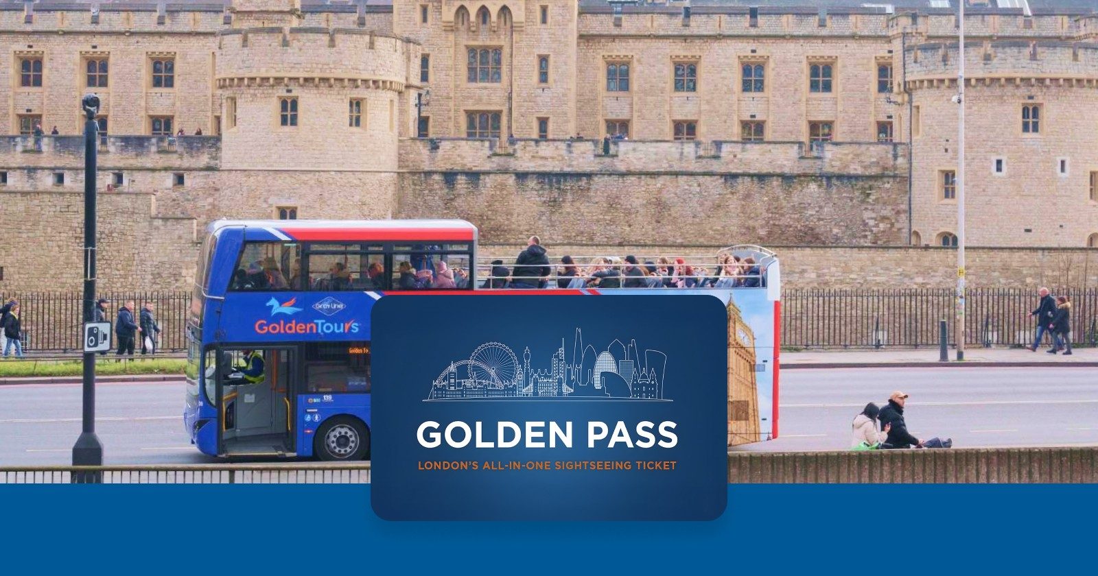 Golden Tours bus in front of the Tower of London on a sightseeing tour.