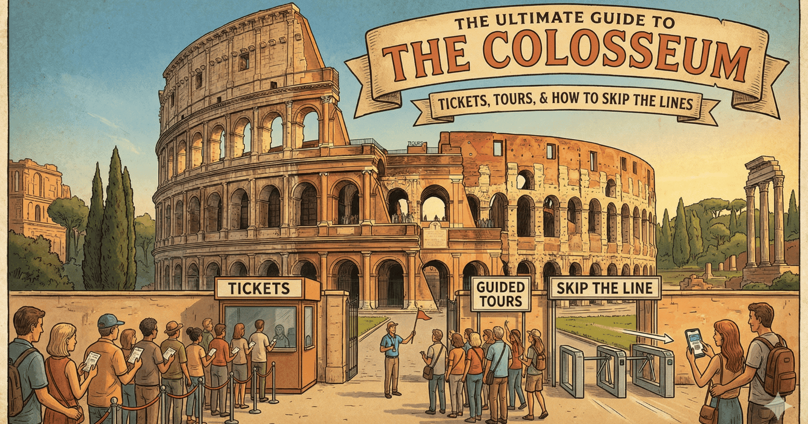 Traveller's guide to the Colosseum, getting tickets, booking tours and how to skip the lines.