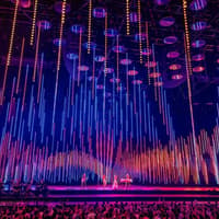 ABBA Voyage concert stage with colorful light display and audience