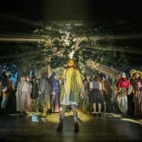 Cast performing in "Into The Woods" with forest backdrop and dramatic lighting