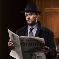 Man in vintage attire reading a newspaper with "Murder" headline, related to The Mousetrap play