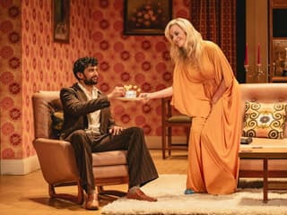 Stage scene from Abigail's Party, Westend, with two actors in a living room setting