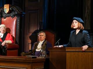 Courtroom scene from "Witness for the Prosecution" with actors in period costumes