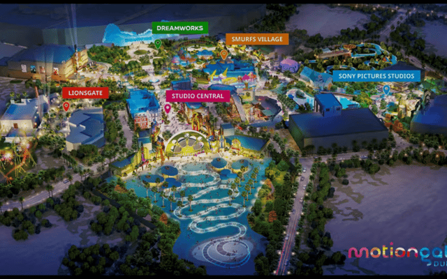 Aerial render of Motiongate Dubai theme park showing Dreamworks, Lionsgate and Studio Central zones