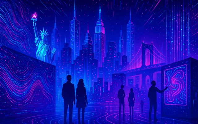 Neon-lit illustrated New York skyline with the Statue of Liberty and silhouettes viewing glowing digital art