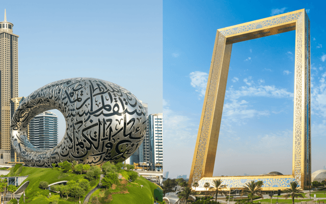 Split view of Dubai's Museum of the Future and the golden Dubai Frame against blue sky