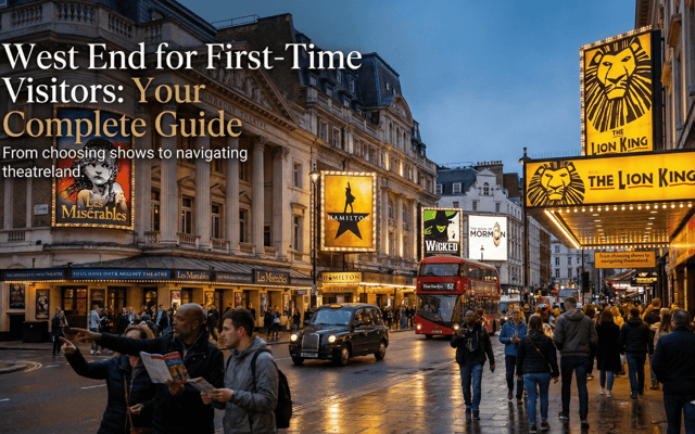 Lit-up West End theatre street in London at night with show marquees, a red bus and crowds