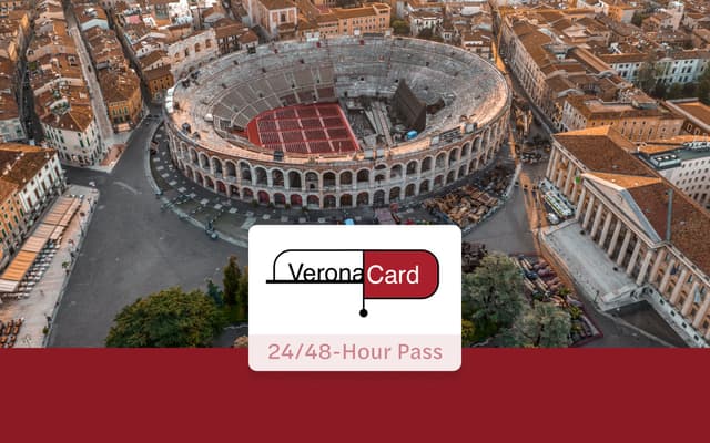 Aerial view of the Roman Verona Arena amphitheatre among the old town rooftops