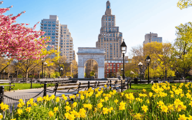 New York City with trees and flowers blooming in the Spring.