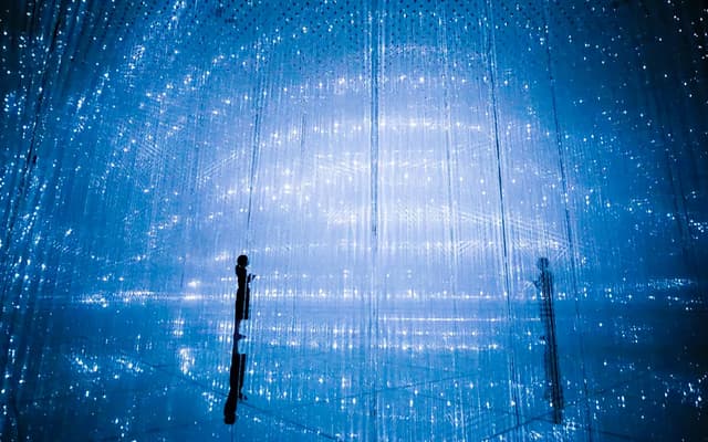 Visitor silhouetted in a glowing blue LED light installation at a Tokyo digital art museum
