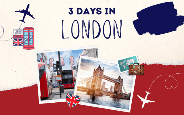 Scrapbook-style 3 Days in London collage with Tower Bridge, a red London bus and a phone box