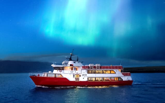 Red and white tour boat on the sea beneath green Northern Lights near Reykjavik