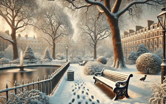 Illustrated snowy London park with a frosted bench, lamppost and Georgian terraces in winter