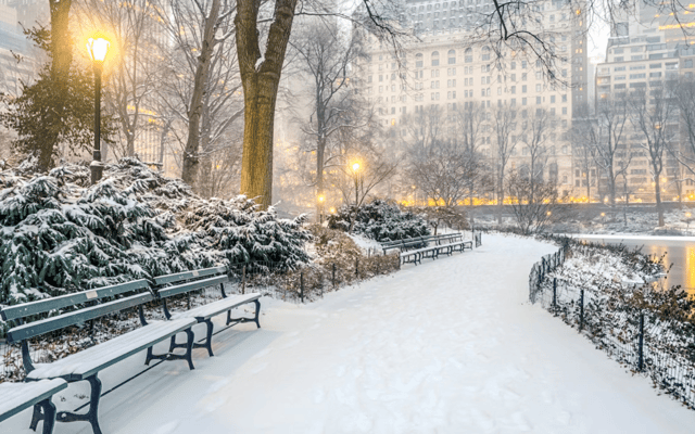 Snow-covered Central Park path with benches and glowing lamps at dusk in New York winter