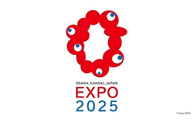 Official Expo 2025 Osaka Kansai Japan logo, a red ring of round shapes with blue eyes